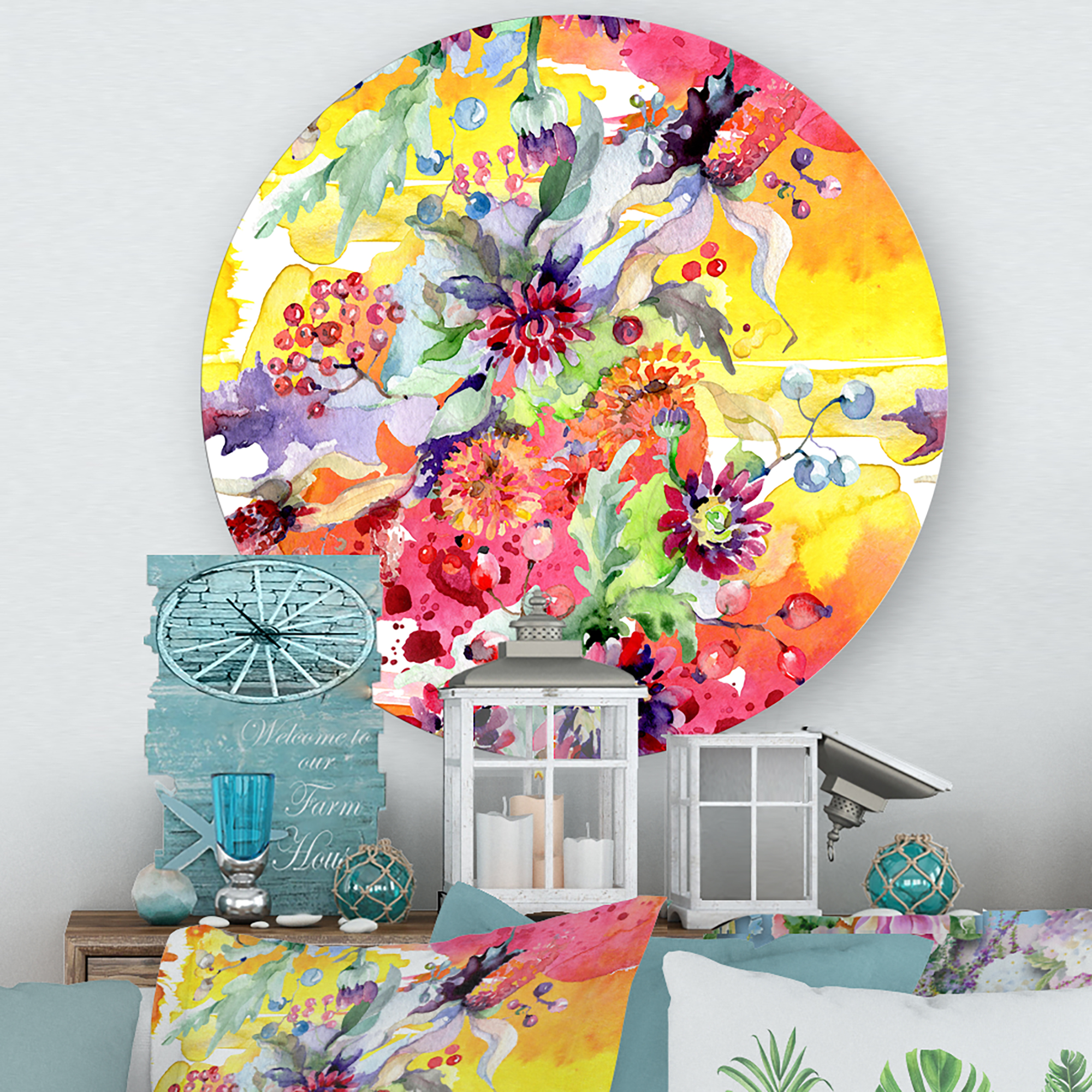 Designart 'Wildflowers and Vibrant Wild Spring Leaves' Modern Circle Metal Wall Art 23x23 - Disc of 23
