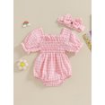 thumbnail image 3 of Hirigin Newborn Baby Girl Plaid Romper Infant Pleated Smocked Romper Ruffle Festival Bodysuit Spring Summer Clothes with Headband, 3 of 8