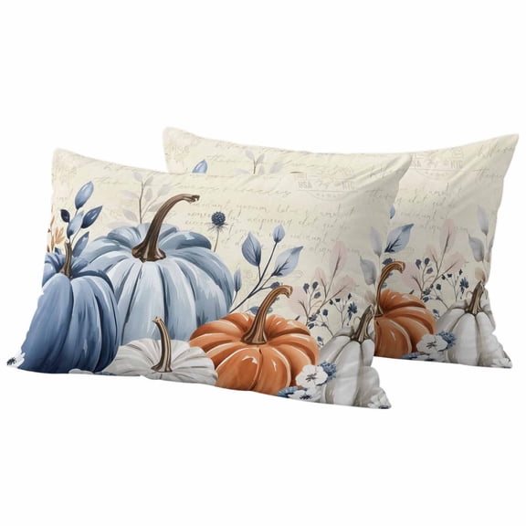 Orange Blue Pumpkins Fall Outdoor Waterproof Pillow Covers, Thanksgiving Vintage Botanical Decorative Rectangle Throw Pillowcase Sofa Cushion Sham for Patio/Couch/Chair, 20"x12" 2 Pack