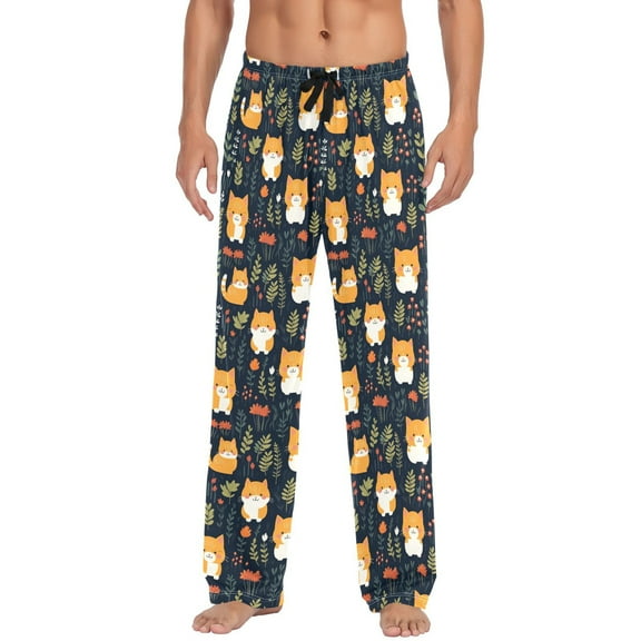 Cartoon Cat and Leaves joogoo Men's Pajama Pants Cotton Long Sleepwear Lounge Pants L