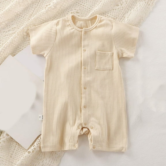 BLTIBY Newborn Baby Boys Girls Romper Summer Solid Color Short Sleeve Round Neck Toddler Infant Button Down Rompers One-Piece Fashion Bodysuit Beige 3-6 Months