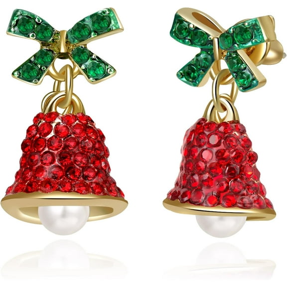 Red Crystal Bell Christmas Hat Earrings for Women, Santa Claus & Christmas Tree Dangle Drop Earrings with Sparkling Rhinestones red