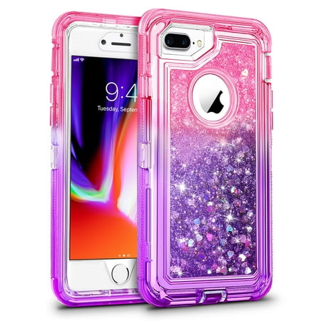 For Apple iPhone 8 Plus / iPhone 7 Plus / iPhone 6/6S Plus Tough Defender Sparkling Liquid Glitter Heart Case Cover Pink