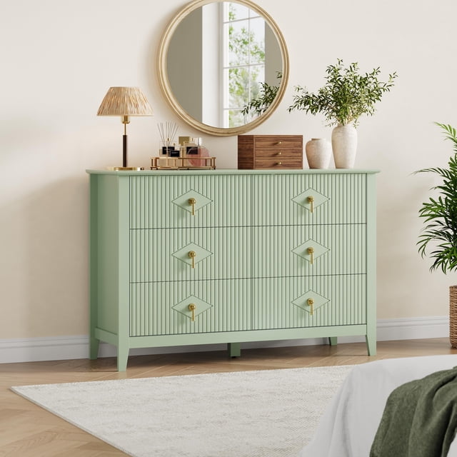 QinaQin Recessed Patterned Dressing Table for Bedroom, 47.2 Inches Wide, 6 Drawers, Made Of Wood, Modern Style, Suitable for Storage In Living Room, Hallway, Or Entryway