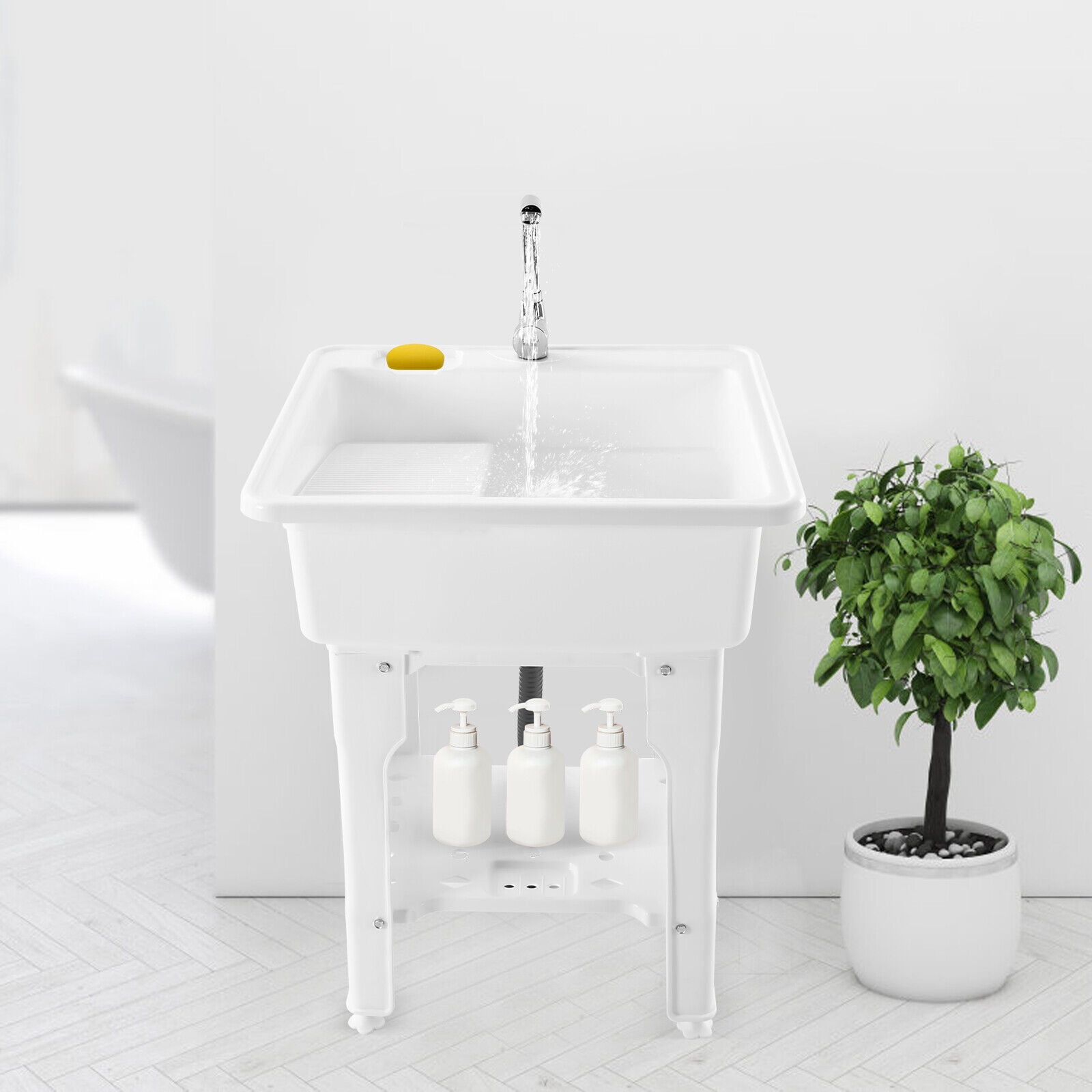 Freestanding Plastic Laundry Sink with Washboard, W31 x D22 x H31.5  Indoor and Outdoor Utility Sink with Cold and Hot Water Faucet, Hoses and  Drain Kit for Laundry Room, Garage, Basement, Garden 