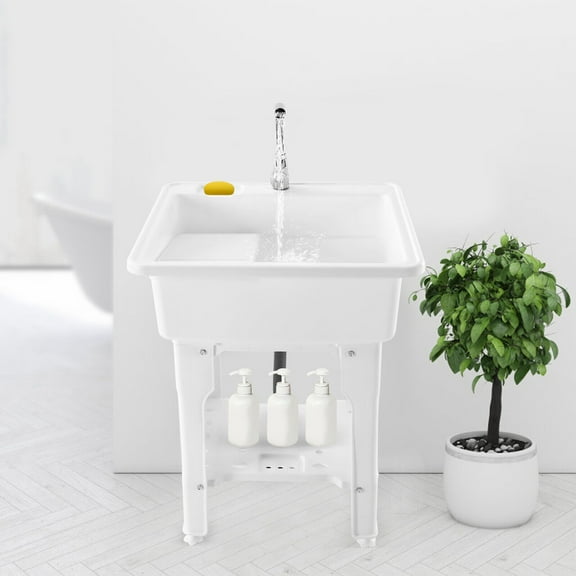 TFCFL Spacious White Utility Sink Laundry Tub Freestanding Sink Wash Station W/ Faucet & Washboard