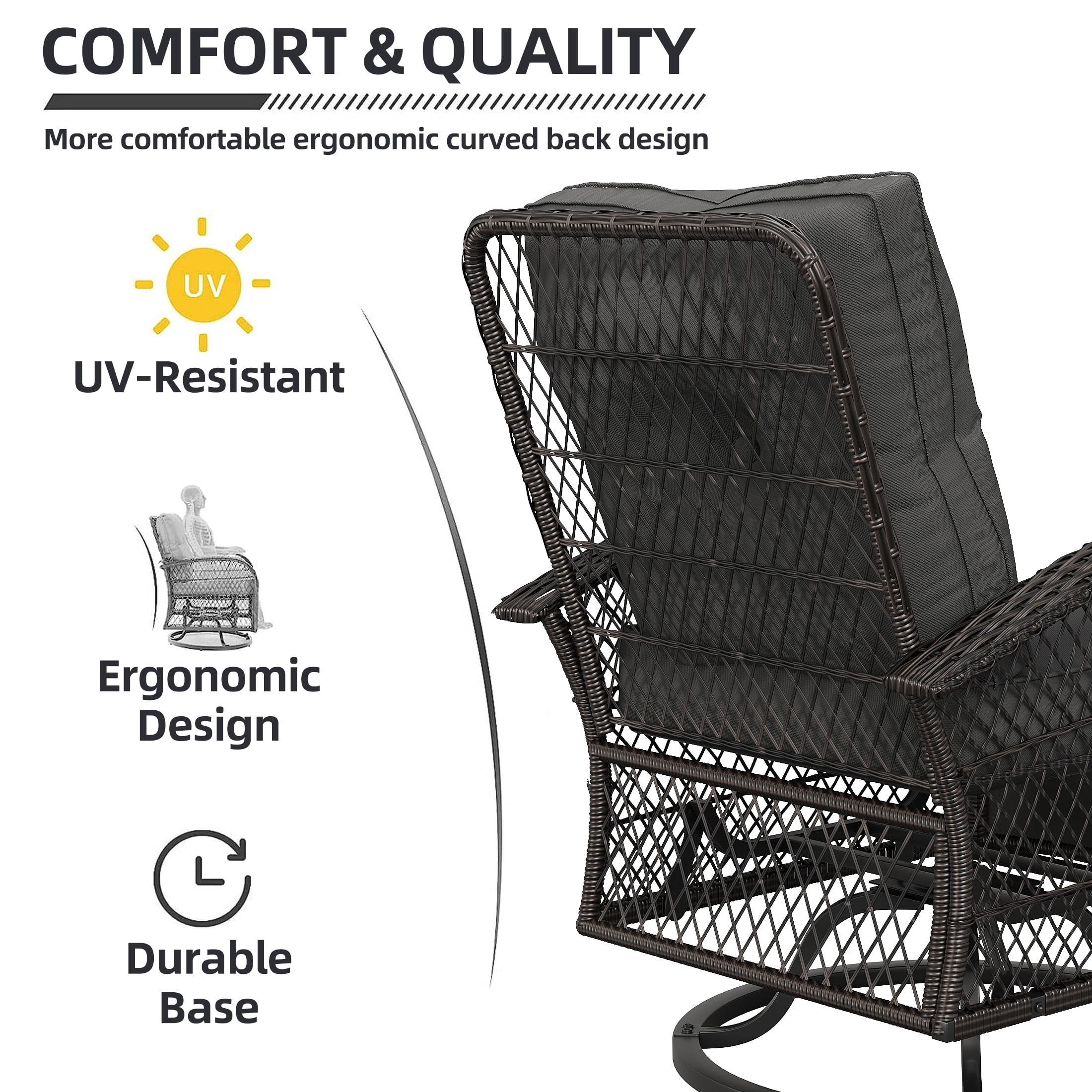 Techmilly 3 Pieces Patio Furniture Set, Outdoor Swivel Gliders Rocker, Glass Top Side Table (Grey)