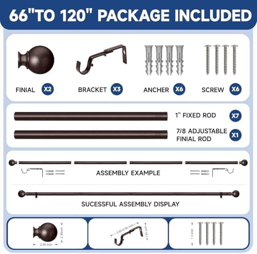 Bronze Curtain Rods for Windows 66 to 120 Inch(5.5-10ft) - 1'' Diameter Heavy Duty Curtain Rods with Imitation Wood Grain Pattern Finials,Adjustable Decorative Curtain Rods Set,28-120''