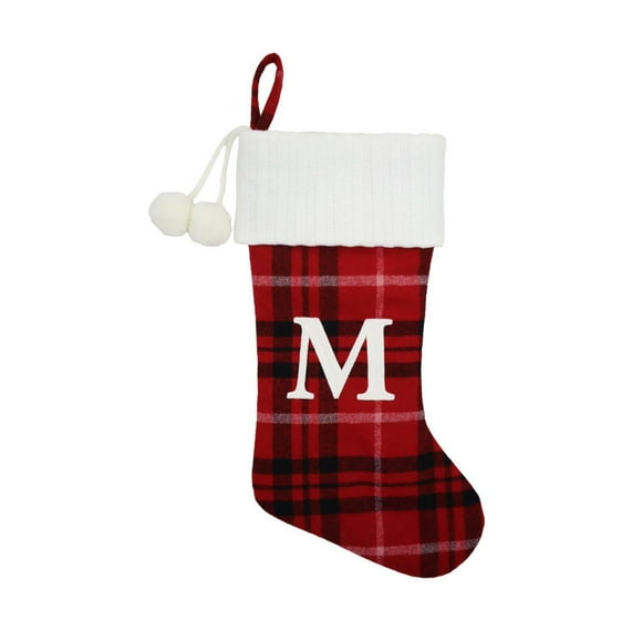 Holiday Time 19 inches Red/Black/White Plaid Monogram Stocking with letter "M"