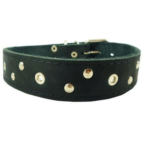 Genuine Leather Studded Dog Collar, Black, 1.4" Wide. Fits 17"-21.5" Neck.