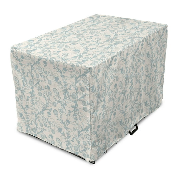 Floral Vintage Dog Crate Cover, Vintage Composition of Feminine Ornaments Leafy Branches, Easy to Use Pet Kennel Cover Small Dogs Puppies Kittens, 7 Sizes, Pale Blue Grey Eggshell, by Ambesonne