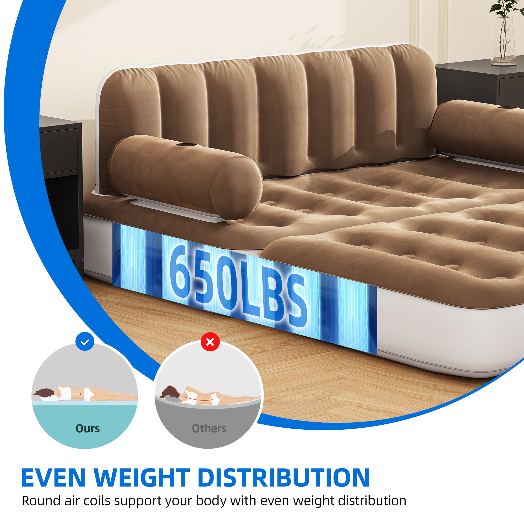 Dextrus Queen Size Inflatable Air Mattress with Built-in Pump, White Frame & Khaki Top, Includes Repair Kit & Storage Bag, Supports Inflation/Deflation