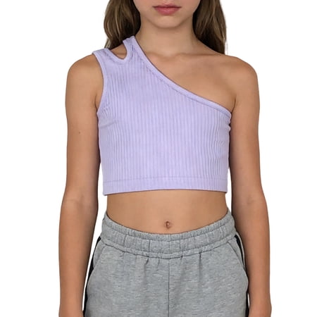 Going Out Tops for Girls Trendy Sexy One Shoulder Sleeveless Tank Top Fitted Y2k Crop Top Workout Knitted Basic Blouse Light Purple 130