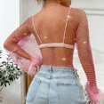 thumbnail image 6 of Purcolt Women's Sparkly Rhinestone Mesh Crop Top Glitter Trendy Sheer Long Sleeve Fishnet Cover Up Shirt with Faux Fur Cuff for Rave Festival Concert, 6 of 9