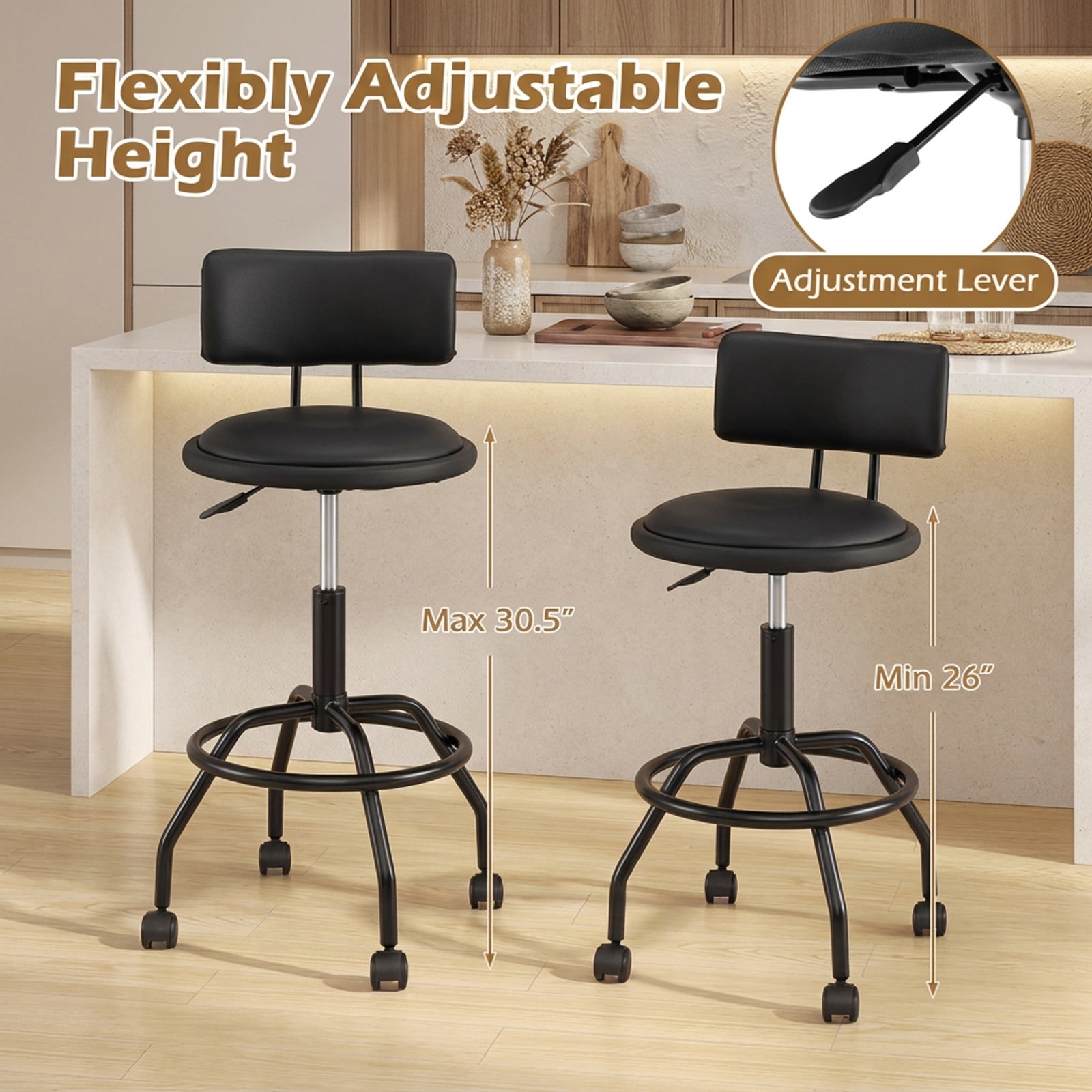 Furnibear Modern Swivel Height Adjustable Bar Stool with Backrest for Kitchen Island Counter Bar Pub Dining Home, Black
