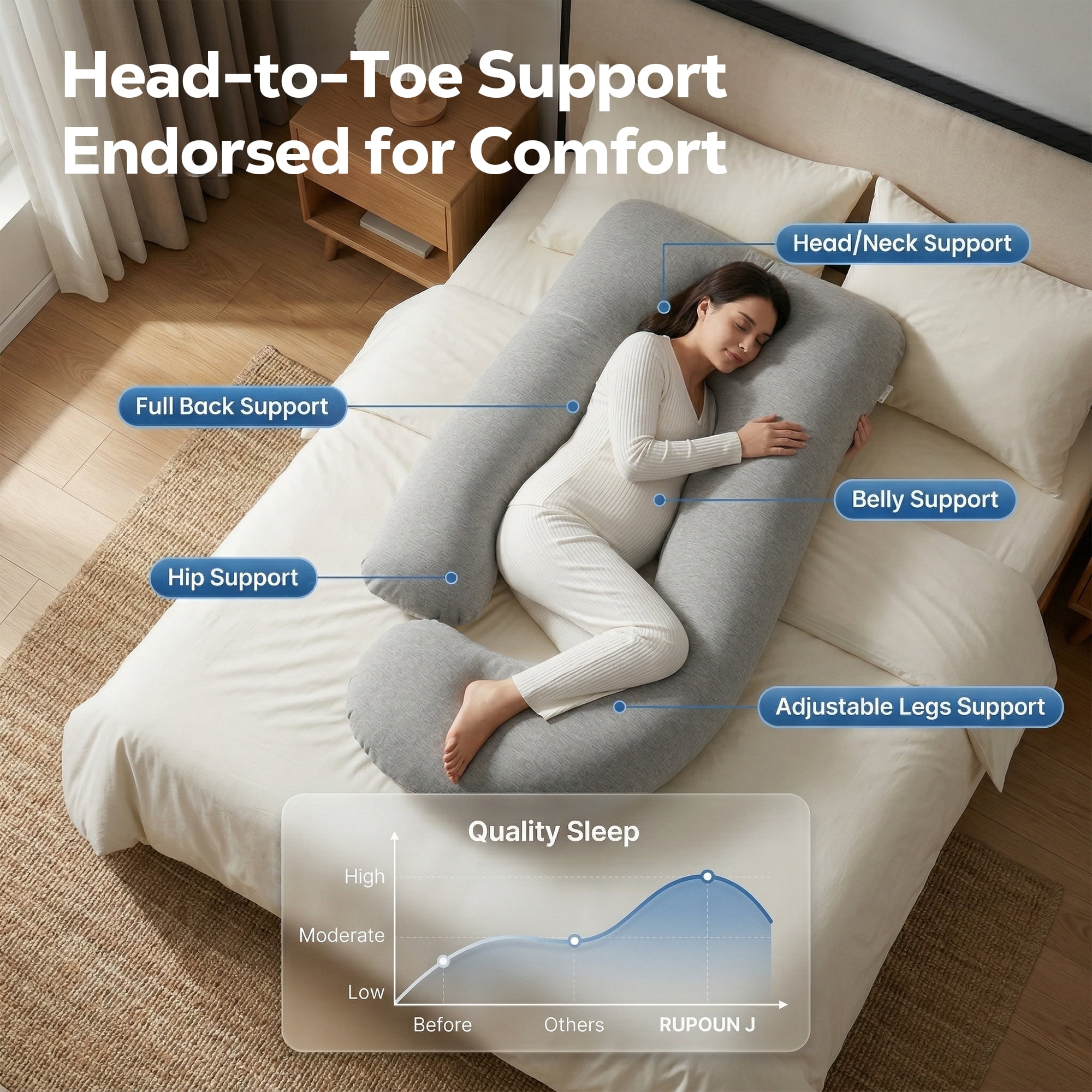 RUPOUN Pregnancy Pillow, J-Shaped Maternity Body Pillow for Sleeping, 70-Inch Full Body Support with Removable Cooling Ice Silk Cover, Gray