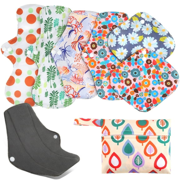 7 in 1 Bamboo Charcoal Reusable Menstrual Pads - Reusable Sanitary Pads | Cloth Pads for Women | Reusable Panty Liners | Matching Wet Bag