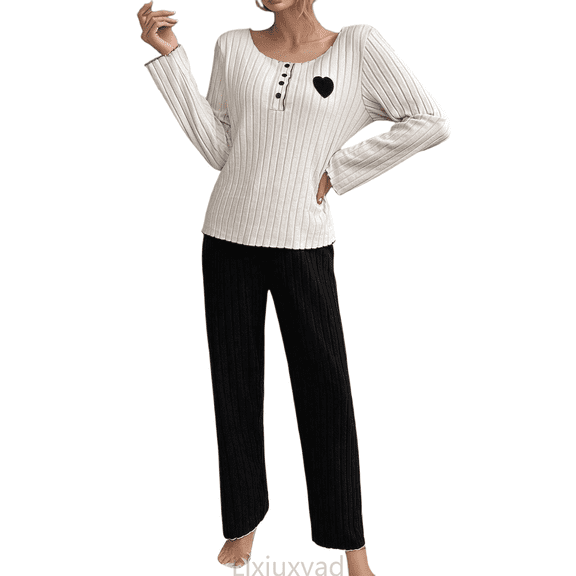 Lixiuxyad Flannel Pajama Long Sleeve Top And Pants With Heart Embroidery Cozy Loungewear For Home Sleepwear Womens Sleepwear L