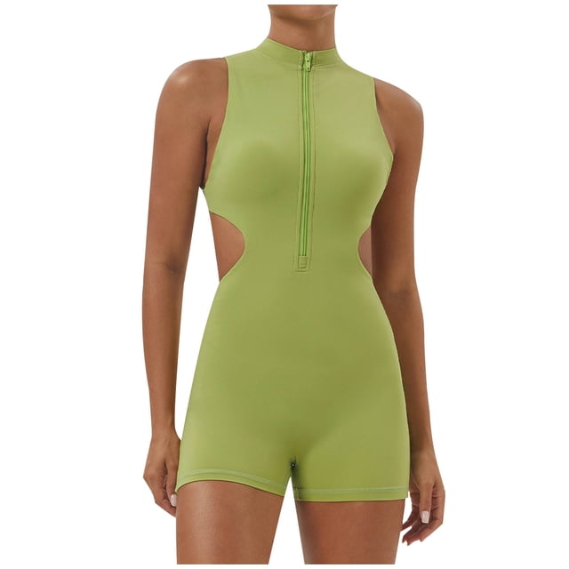 Timegard Womens Bodysuit Zipper Skinny Stretch Short Rompers Cutout Workout Yoga Jumpsuit Athletic