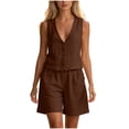 thumbnail image 2 of Costeam Womens Linen Blend 2 Piece Outfit Sleeveless V Neck Button Down Vest High Waist Shorts with Pockets Casual Summer Matching Set Lightweight Breathable, 2 of 7