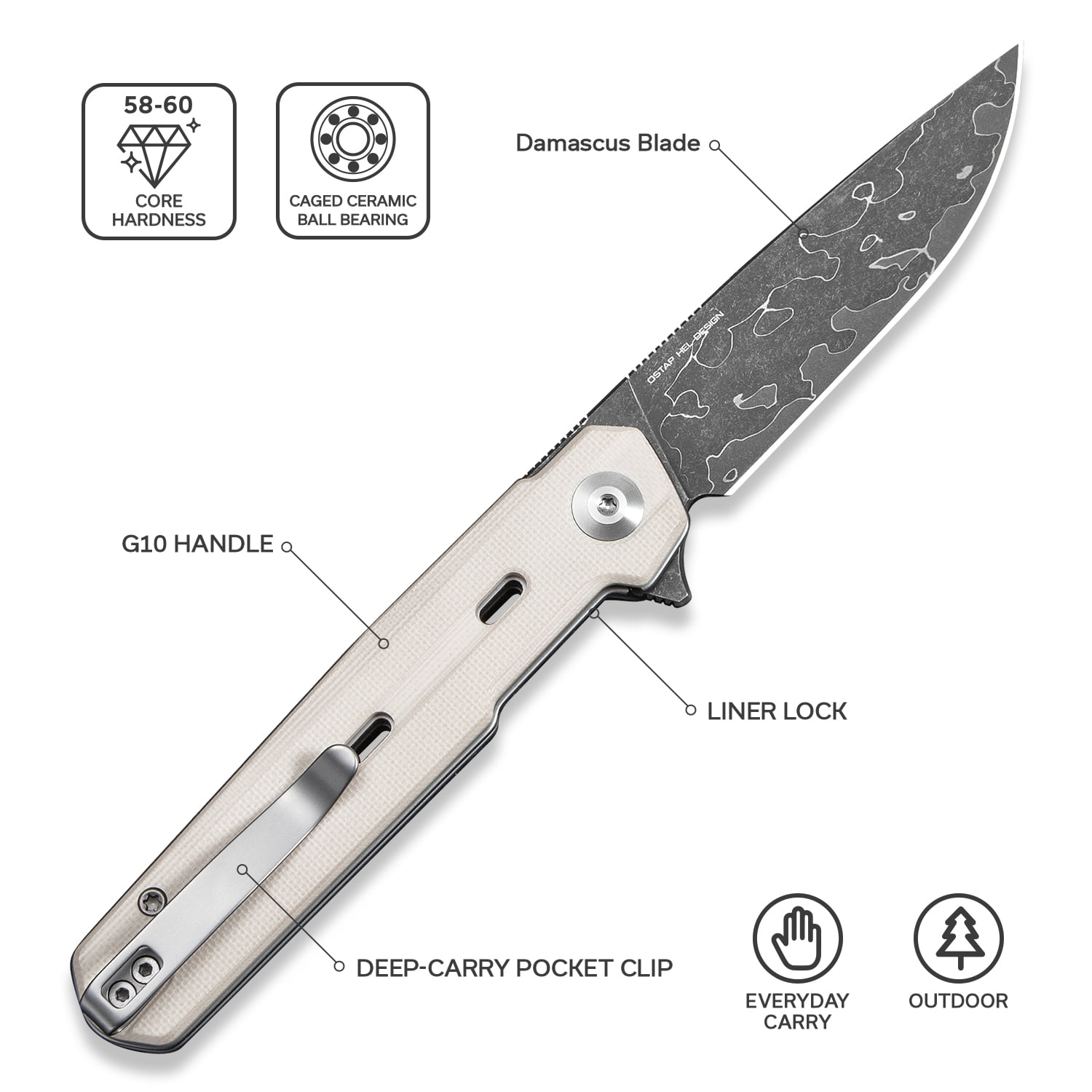 CIVIVI Navo Pocket Folding Knife with 3.25" Damascus Blade C25015A-DS1