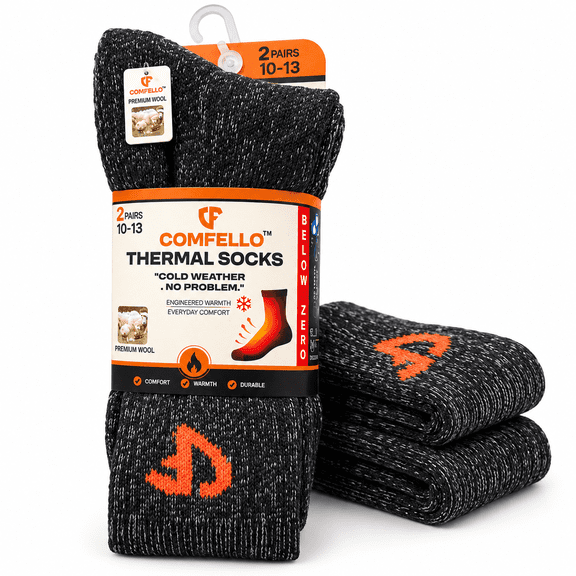 Merino Wool Blend Thermal Socks for Men & Women, Warm Winter Boot Crew Socks, 2 Pairs