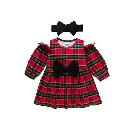 

Sunisery Newborn Baby Girl Christmas Clothes Long Sleeve Plaids Off Shoulder A-line Short Dress + Headband 2Pcs Set Red 12-18 Months