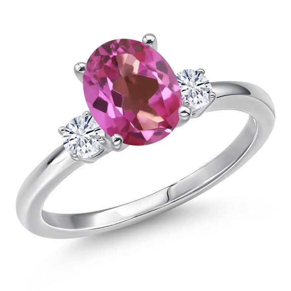 Gem Stone King 14K White Gold Pink Mystic Topaz and White Moissanite Engagement Ring for Women | 2.40 Cttw | Oval 9X7MM | Gemstone November Birthstone | Size 5
