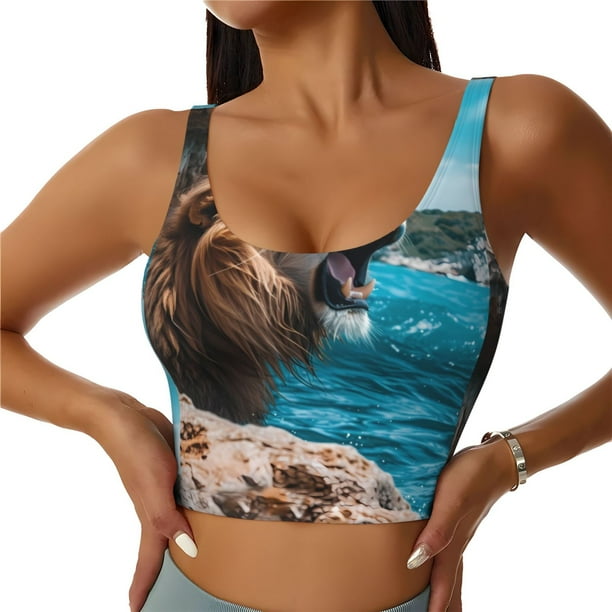 Fotbe Ice Blue Coastal Lion Sujetador Deportivo Largo sin Aros para Mujer con Almohadillas y Soporte Medio, Transpirable y Absorbente, Camiseta Tipo Chaleco o Tank Top-Small