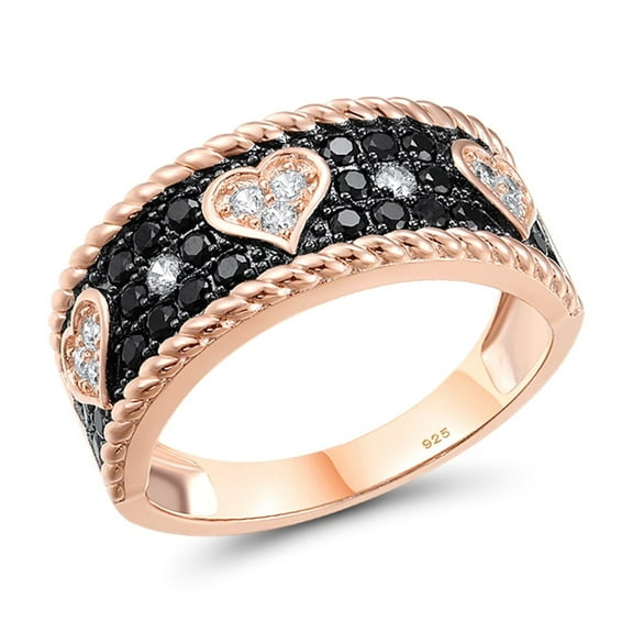 Santuzza 925 Sterling Silver Gemstone Heart Shape Rose Gold Plating Ring Black Spinel Cubic Zirconia Ring for Women
