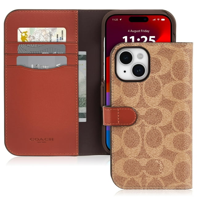 Funda de teléfono Coach Signature Canvas Wallet para iPhone 15, color canela