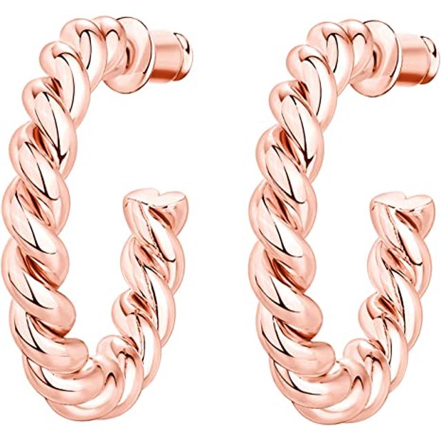 Aros redondos con forma de cuerda trenzada de plata de ley 925 bañados en oro de 14 quilates, oro rosa