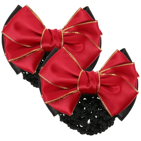 SHISUYAN 2Pcs Bowknot Hair Snoods Golden Tuck Net Headdress Occupational Hair Bun Net for Class Work Daily (Red)