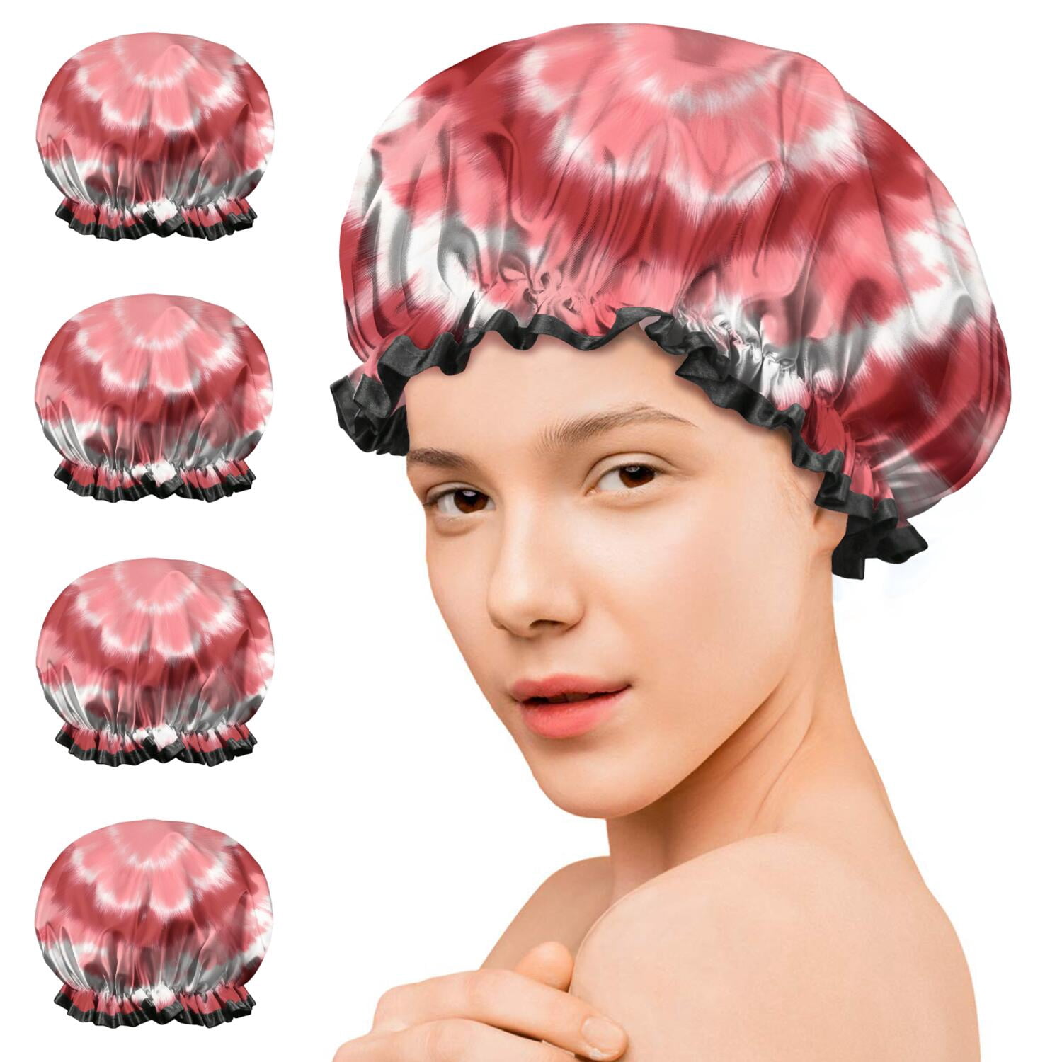 Shower Caps,Red White Tie Dye Mandala Pattern Waterproof Shower Cap for Women 4 Pieces,Double Reusable Hair Cover for Shower PEVA Elastic Stretch Hem