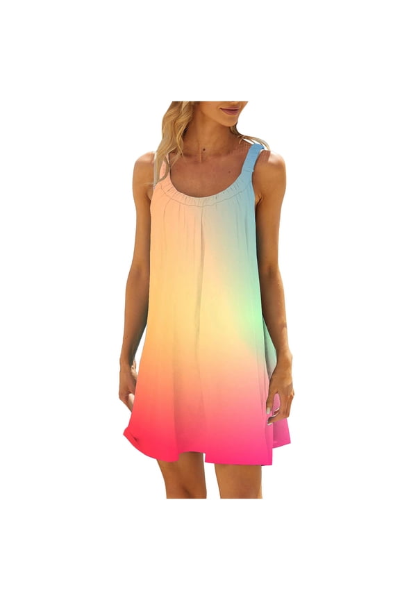 Women's Trendy Mini Loose Sundress Tie Dye Print Sleeveless Round Neck Dress Elegant Beach Leisure Retro Holiday Clothing Fashion Summer Multi-color M