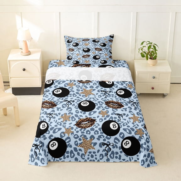 spefrowx Lucky 8 Ball Twin Sheets for Teens, Blue Leopard Print Lips Print Bedding, 3 Pieces, 1 Flat Sheet, 1 Fitted Sheet and 1 Pillowcase