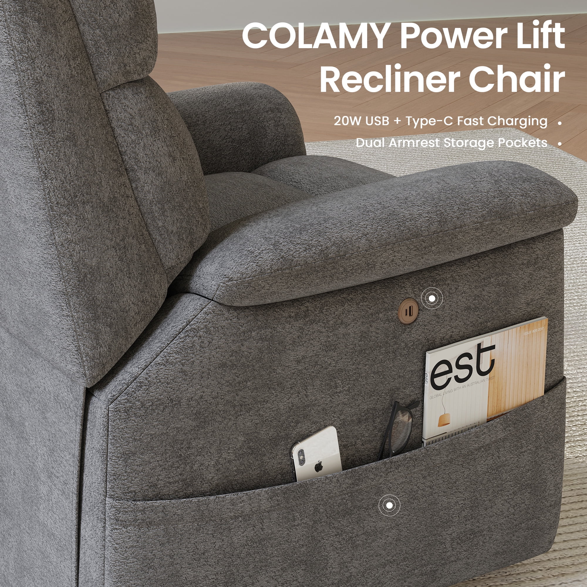 COLAMY Power Lift Recliner Chair for Elderly, Electric Massage and Heat Sofa with Lift Assistance, 20W USB and Type-C Fast Charging, Dark Grey