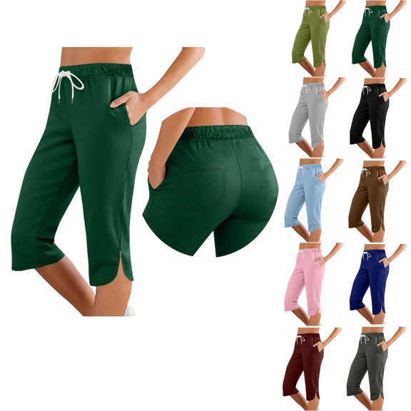 Womens Yoga Capri Pants Workout split hem pants casual Pajama Capri trousers with Pockets