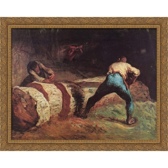 The Wood Sawyers 34x28 Large Gold Ornate Wood Framed Canvas Art by Jean Francois Millet