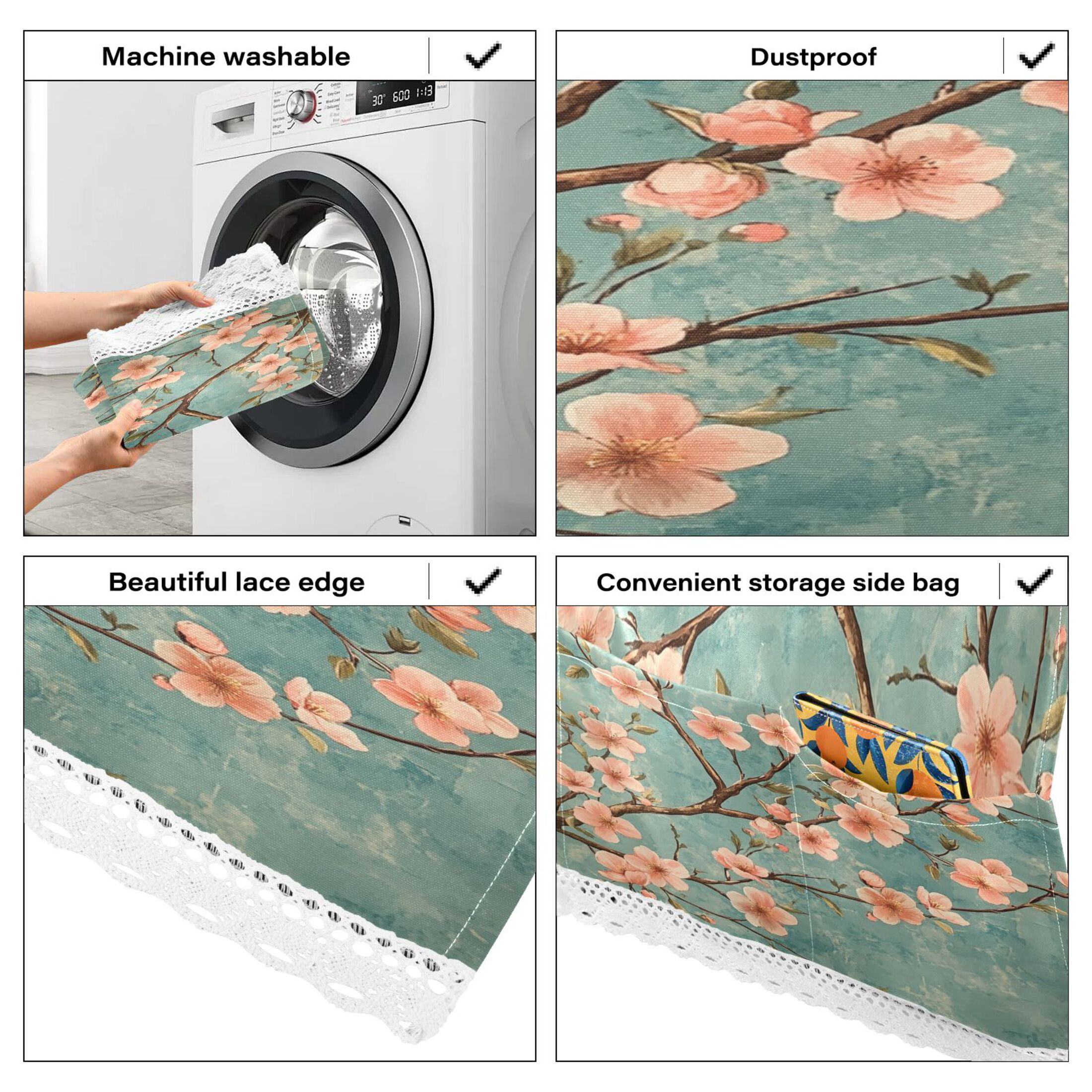 Peach Blossom PatternWasher and Dryer Covers Dust-Proof and Oil Resistant Fridge Cover with 4 Storage Pockets Washing Machine Top Cover for Laundry Kitchen Home 51.2 x 22 In