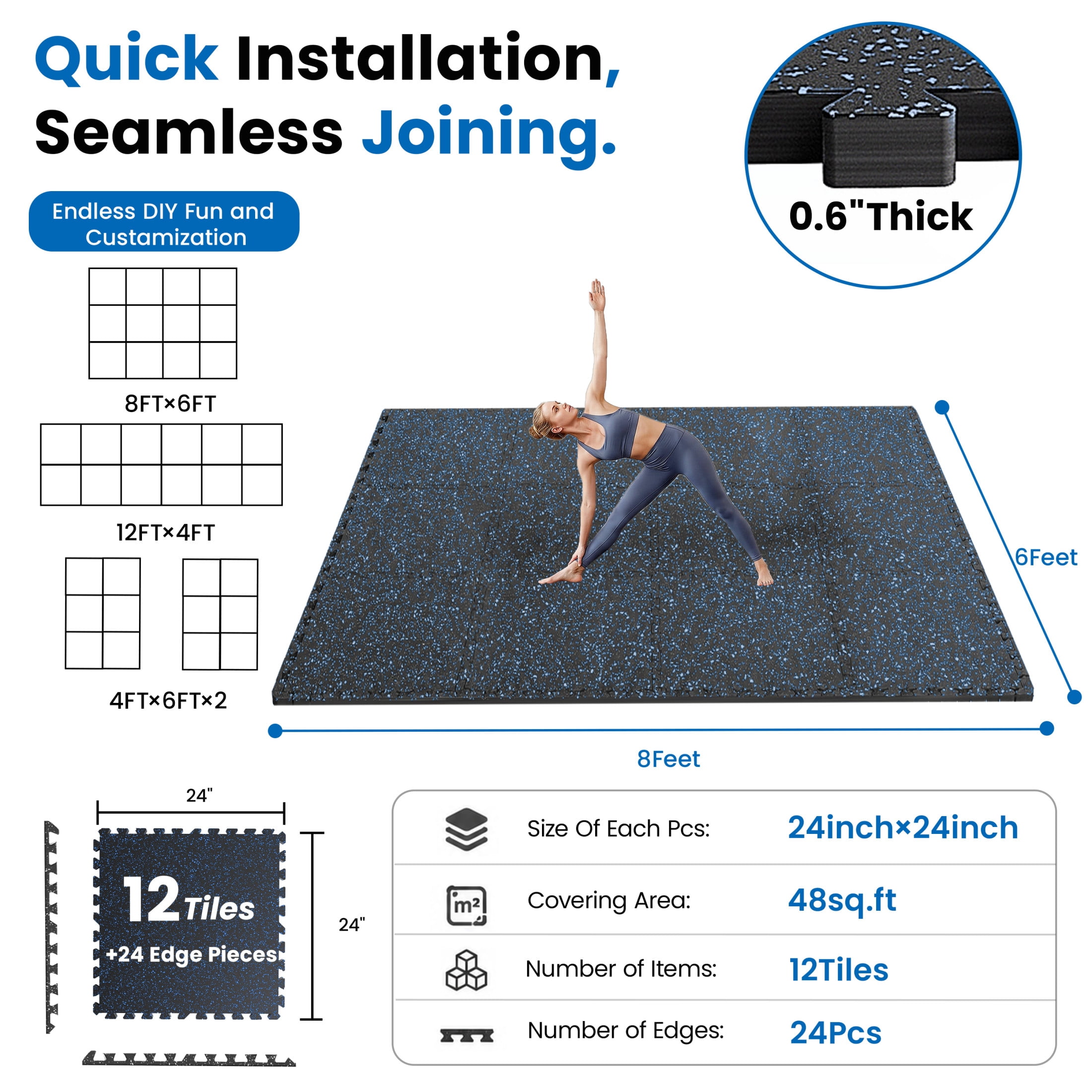 Noble House 0.6" Thick Interlocking Rubber Top & EVA Foam Floor Workout Mats for Gym, Yoga, 12 Tiles, Black & Blue