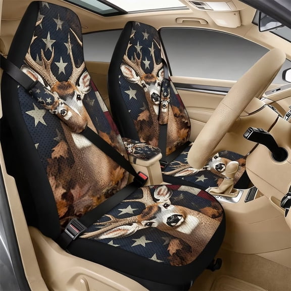 Xoenoiee Deer Americna Flag Maple Leaves Print Car Seat Covers Full Set of 5 for Women Men, Faux Leather Auto Seat Cover Protector with Seat Belt Covers and Center Console Cover