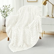 Lux Decor Striped Cozy Throw Blanket, Ultra Soft Lightweight Warm Fleece Blanket for Couch, Bed & Travel, All Season Comfort, Off White