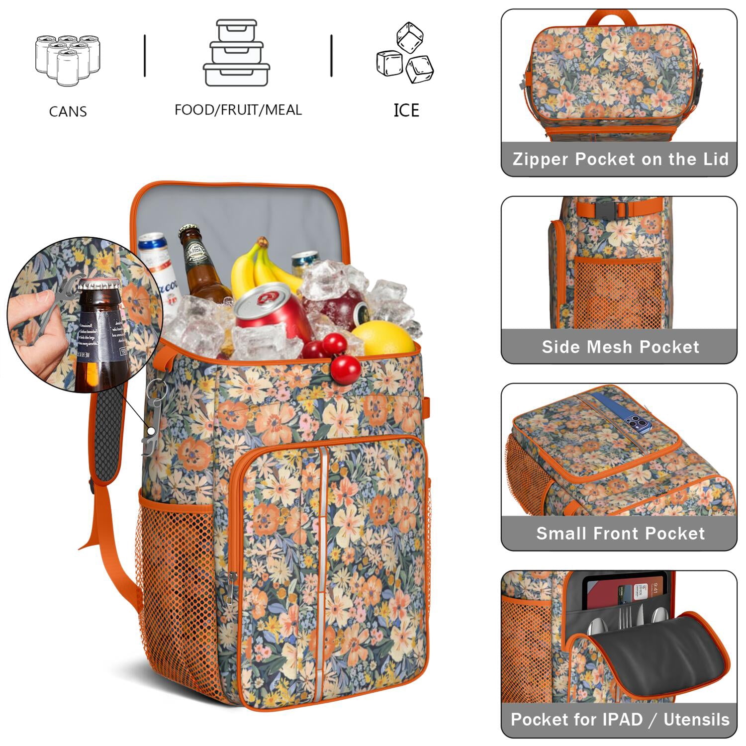 Travel Cooler Bag - Pioneer Flower Camping Beer Cooler Backpack with Bottle Opener- Waterproof Insulated Picnic Backpacks - Cooler Bag for Beach