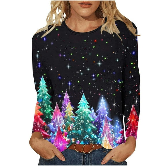 asdoklhq Christmas Womens Long Sleeve Tops Women's Casual Christmas Print Round Neck Long Sleeve T-Shirt Loose Top Multicolor 4X