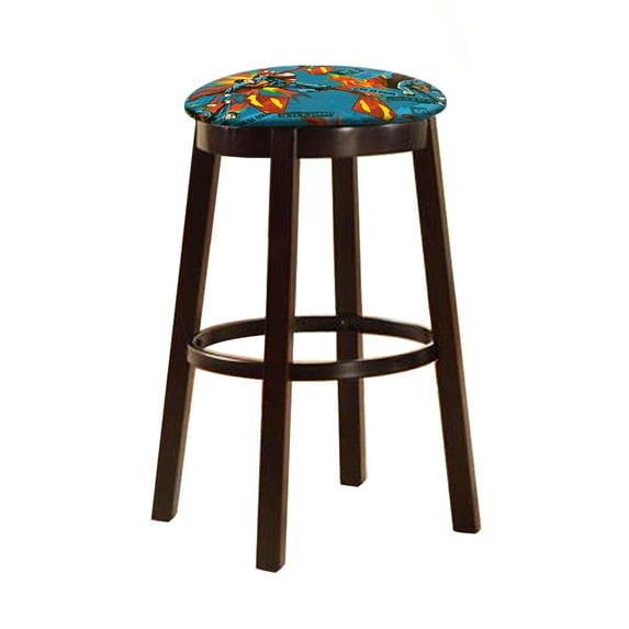 The Furniture King Bar Stool 29" Tall Wood Dark Brown Espresso Kitchen Game Room Swivel Seat Stool Featuring the Choice of Your Favorite Novelty Theme Fabric Covered Seat Cushion (Superman)