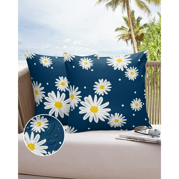 Outdoor Throw Pillow Cover Rustic Daisy Farmhouse Blue Back Waterproof Cushion Covers 2 Pack Watercolor Wave Point Pillow Cases Home Decoration for Patio Garden Couch Sofa