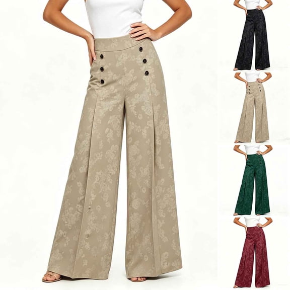 Ailaofu Women's Fall High Waist Jacquard Wide Leg Pants Button Formal Palazzo Trousers for Evening and Workwear
