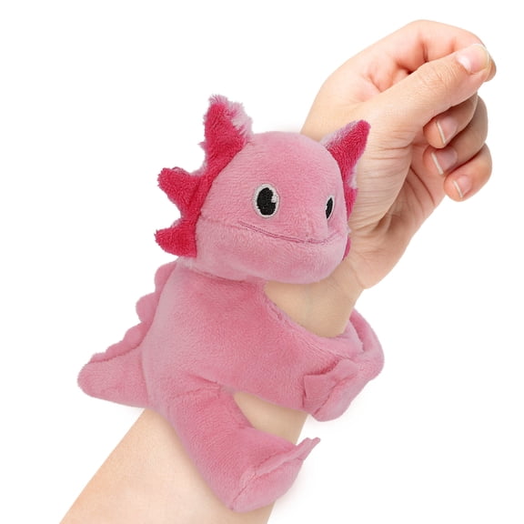 DolliBu Axolotl Stuffed Animal Slap Bracelet - Fluffy Wild Animal Magnetic Snap Bracelet for Kids, Wearable Plush Slap Wrist Band Toy for Children's Accessory Play and Party Favor - 5 Inches