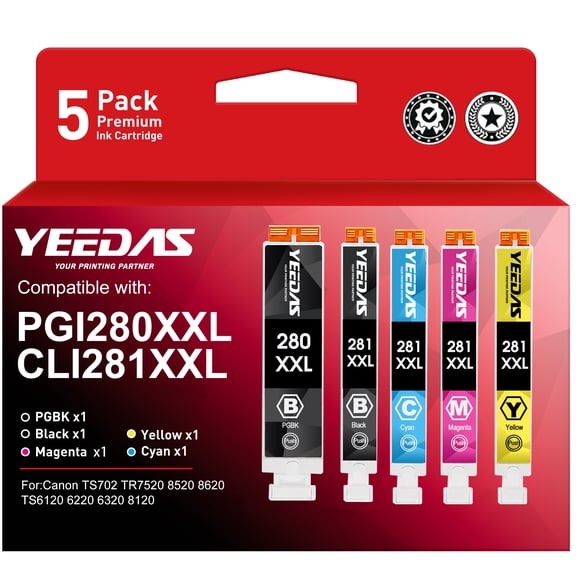 PGI280 CLI281XXL Ink Cartridge Compatible for Canon TR8520 TR8620a TS702a TS9520 TS9521C TS6220 TS6320 TS8220 Printer (5 Pack)